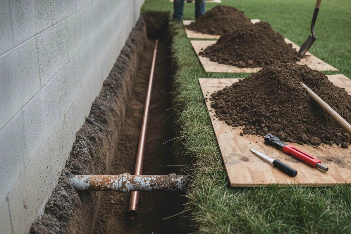 Excavated water line trench during Sewer Line Repair in Cropsey